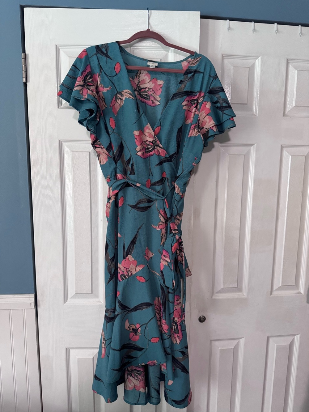 a new day Teal Floral Wrap Midi Dress with Pink Blooms